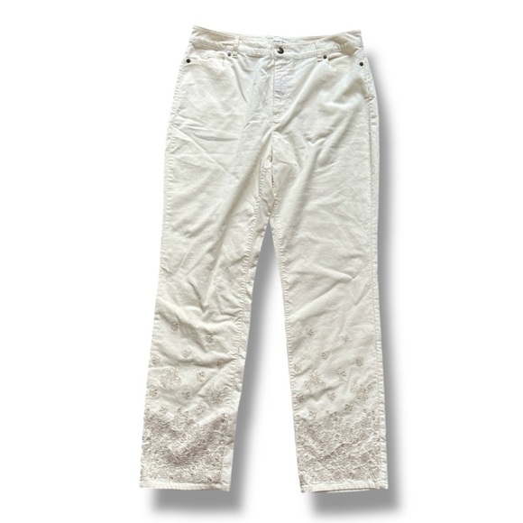 Coldwater Creek Cream Embroidered Straight Leg Corduroy Pants Women’s Size 12 - Picture 1 of 13